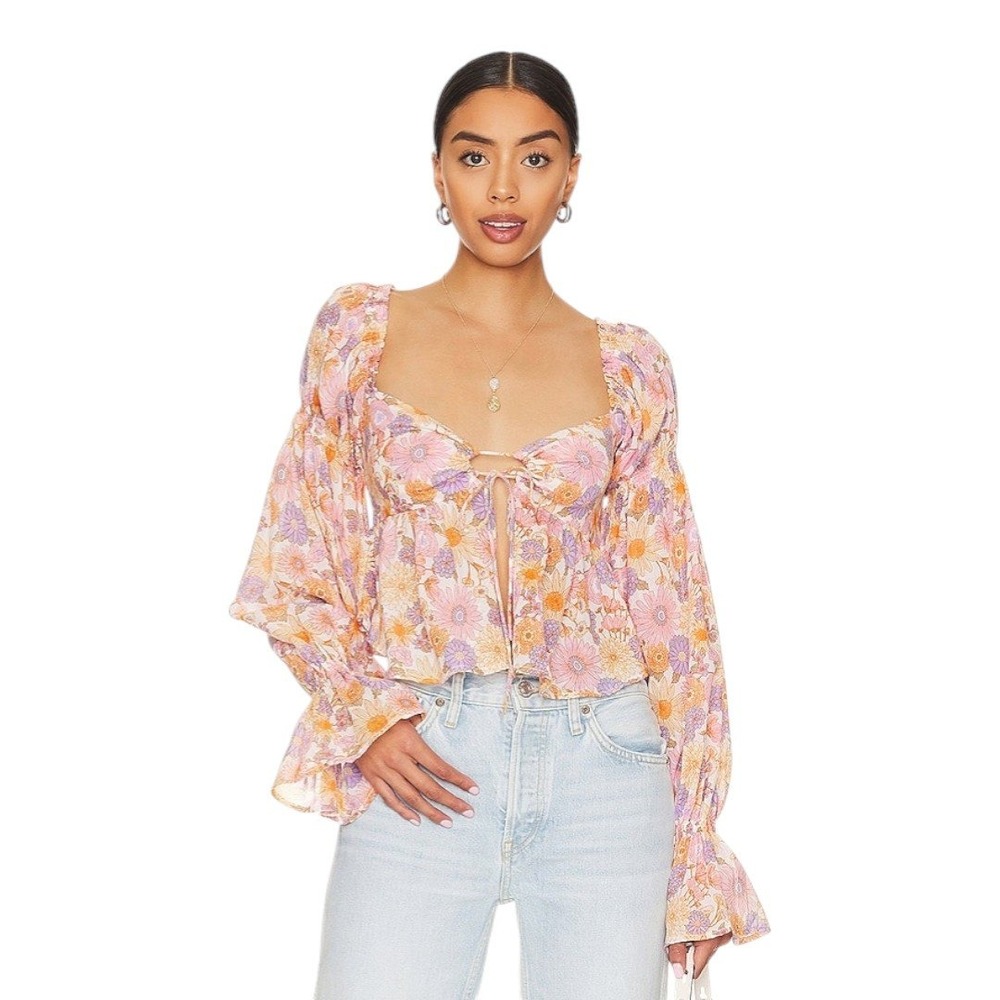 Tularosa Clemencey Floral Smocked Peplum Blouse Linen Blend Long Sleeve Size XS